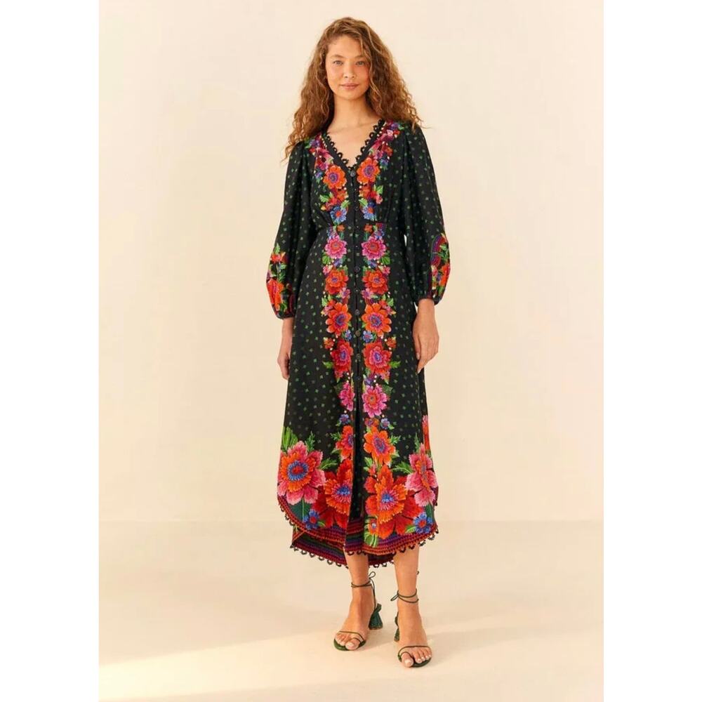 Farm Rio Women's Floral Blooming Garden Maxi Dress Puff Sleeve Size M NWOT